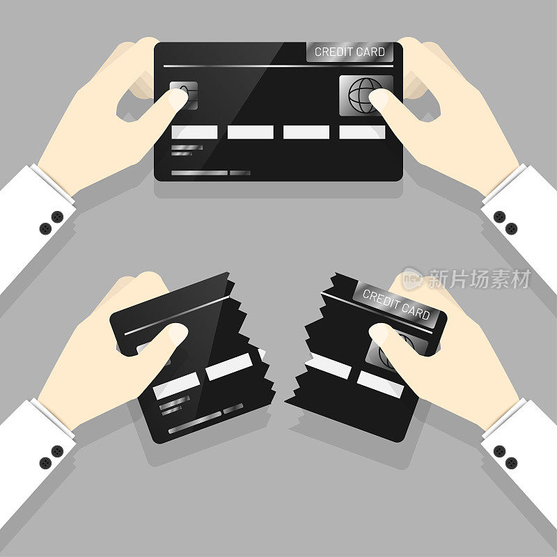 Businessman hands in white suit holding with perfect condition credit card and teared credit card